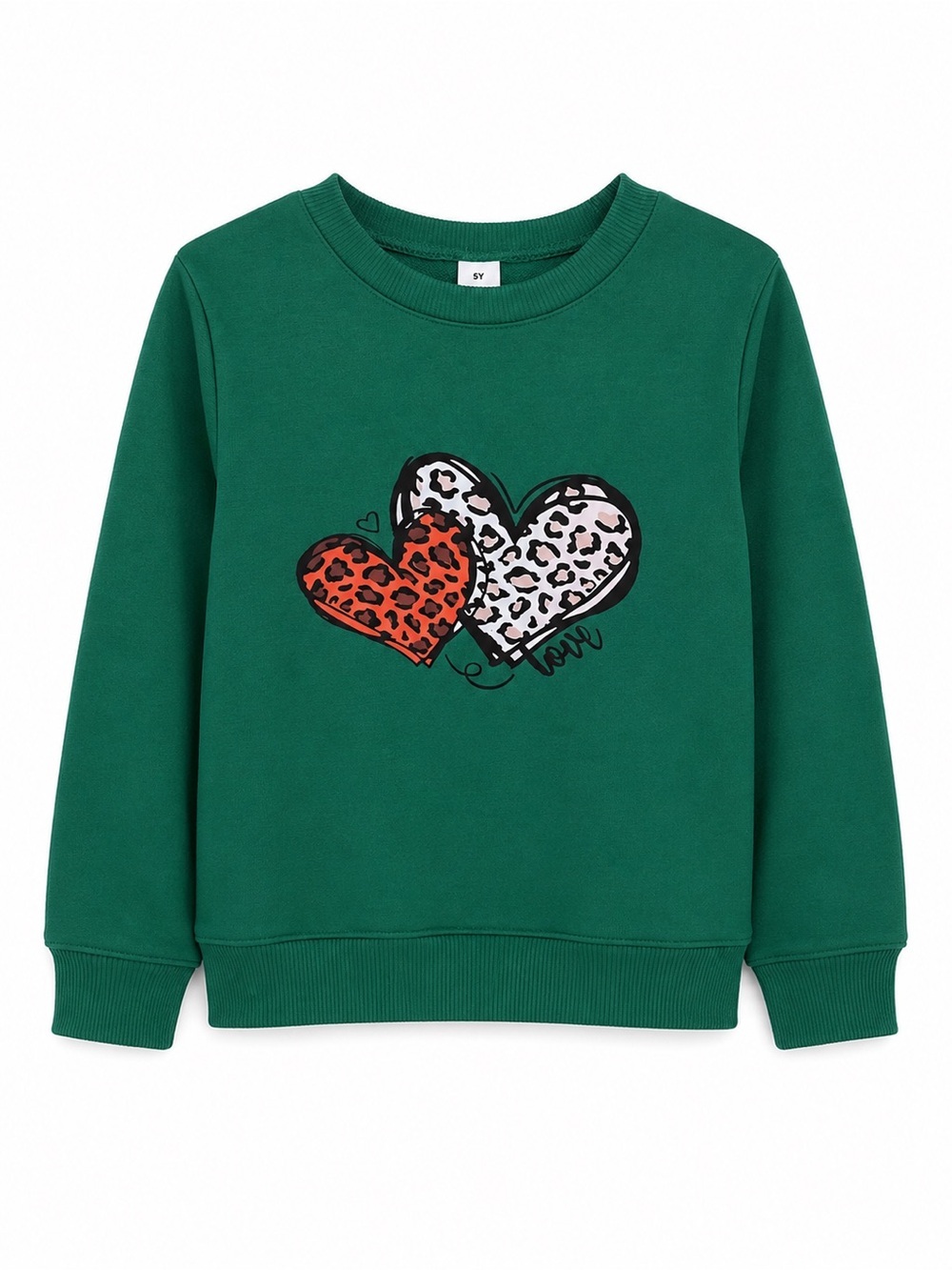 Girls Green Leopard Heart Sweatshirt Size 5Y Long Sleeve Pullover